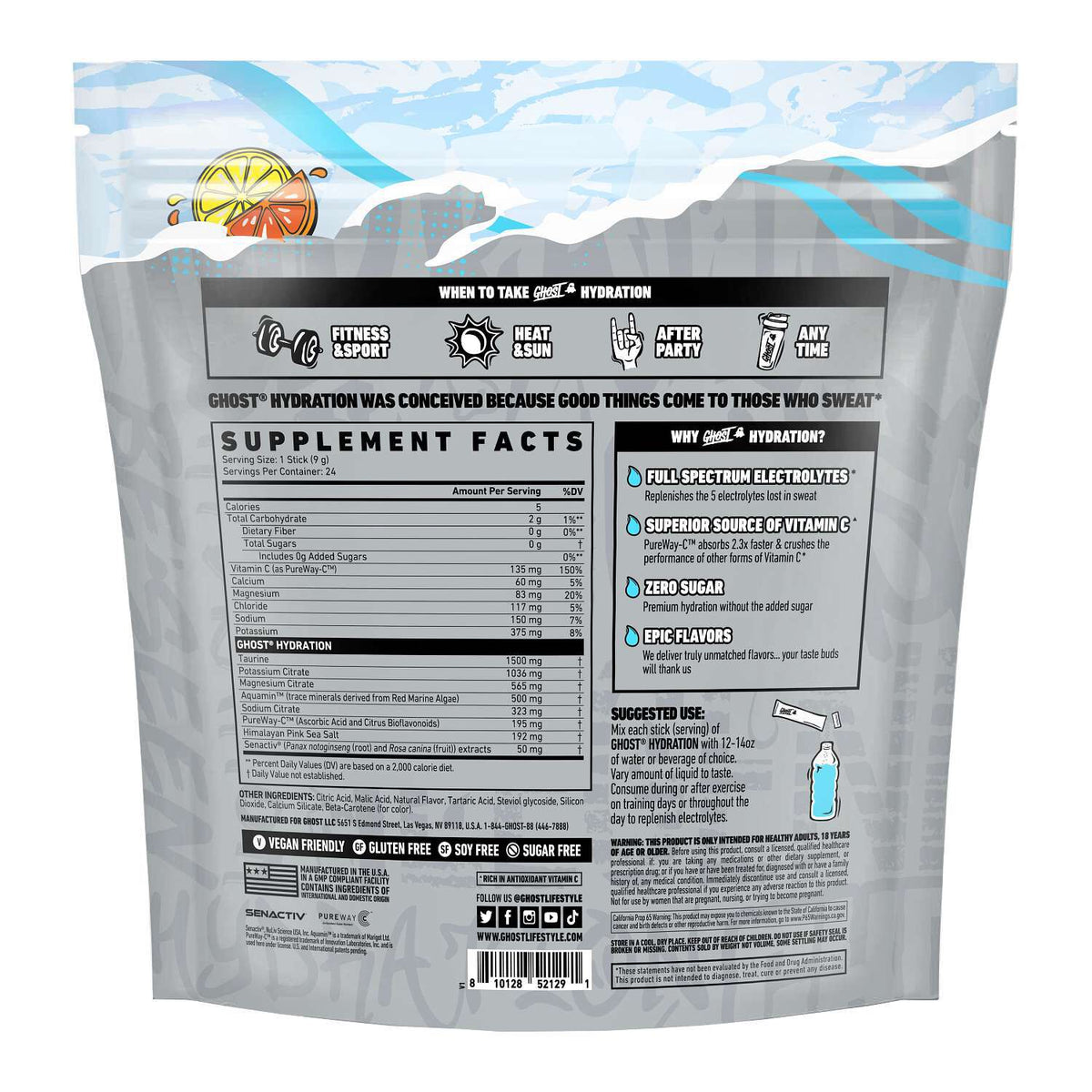 GHOST Hydration Sticks Lemon Crush supplement facts and ingredients panel