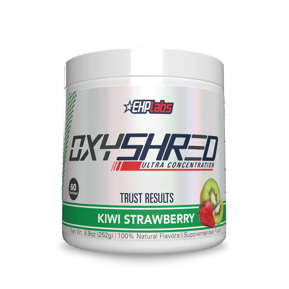 EHP Labs OxyShred thermogenic fat burner in Kiwi Strawberry flavor with 60 servings, promoting metabolism and fat loss.