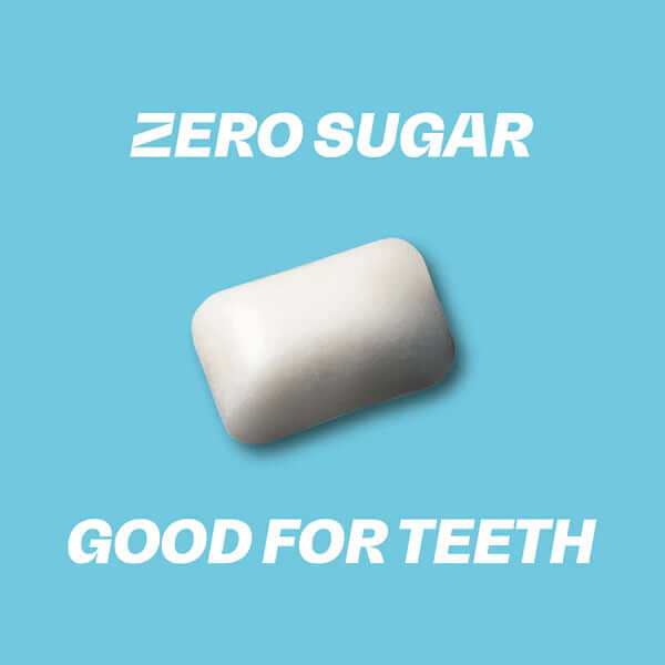 Blockhead Caffeine Gum piece on blue background, zero sugar, good for teeth, vegan and gluten-free.
