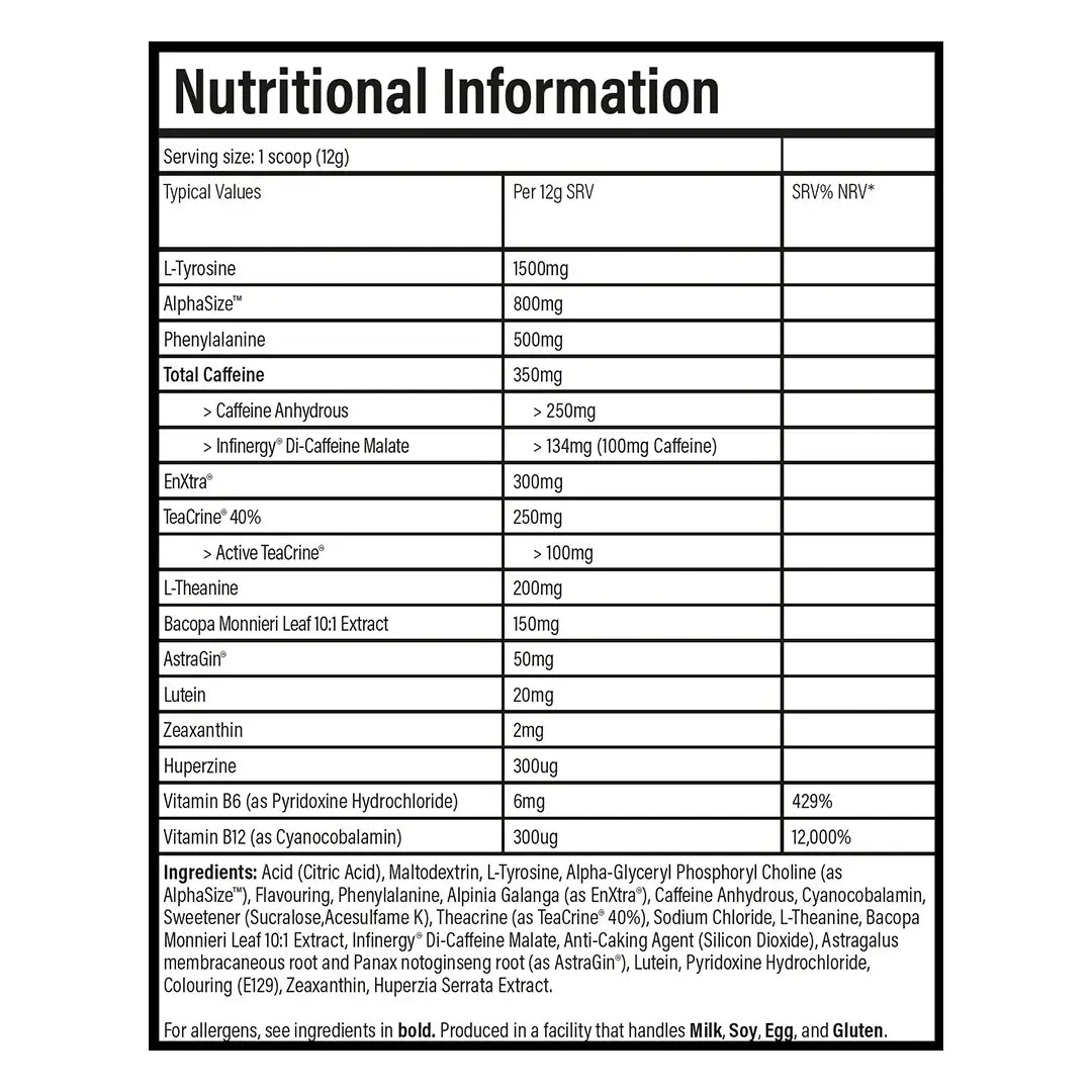 Nutritional information for TBJP Dial-In Nootropic supplement, highlighting key ingredients and their amounts.