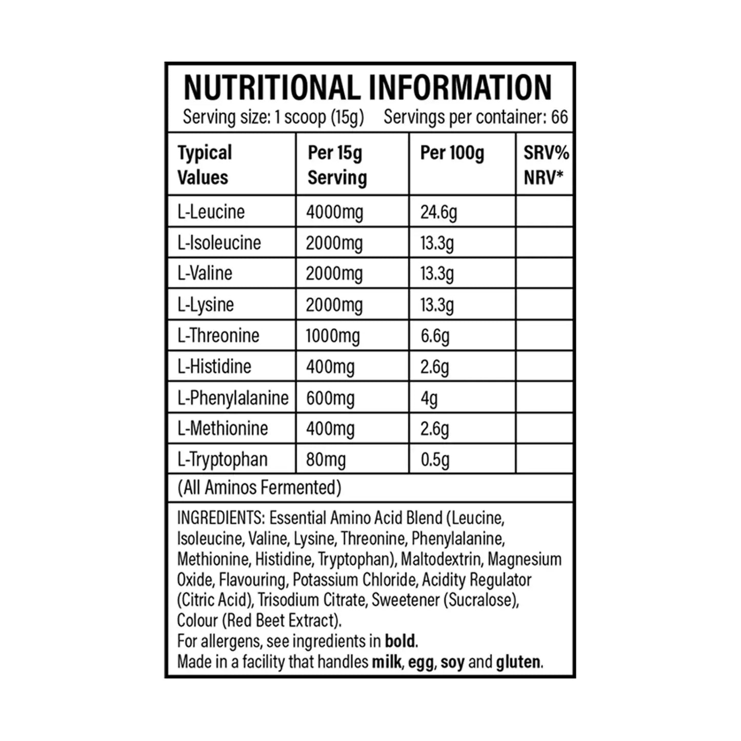Nutrition label for TBJP EAA Sour Cherry 1kg showing essential amino acid content per serving.