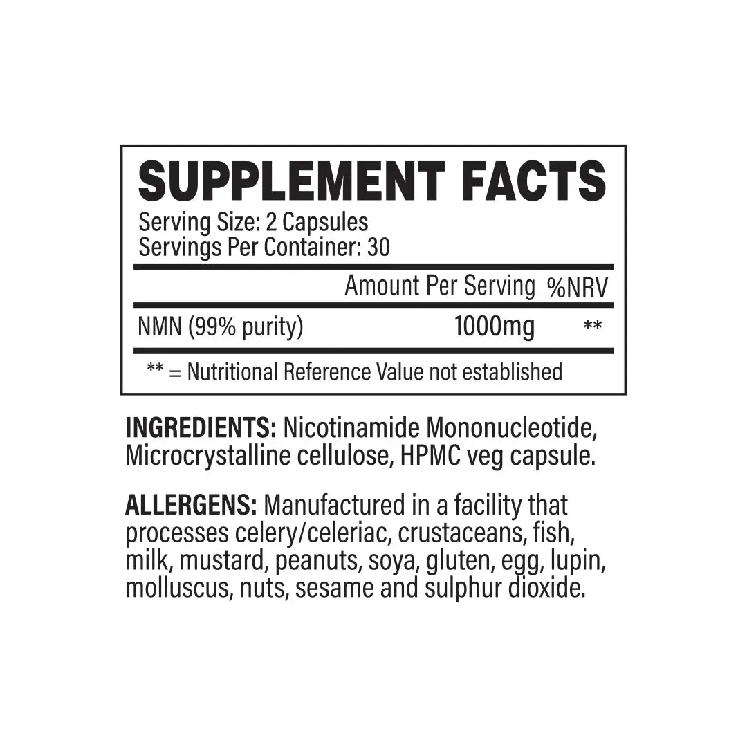 Supplement facts label for Trained By JP NMN showing ingredients, serving size, and allergen information.