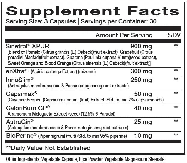 Supplement facts for Innovapharm Novaburn 2.0 Stim Free, including key ingredients and their amounts.