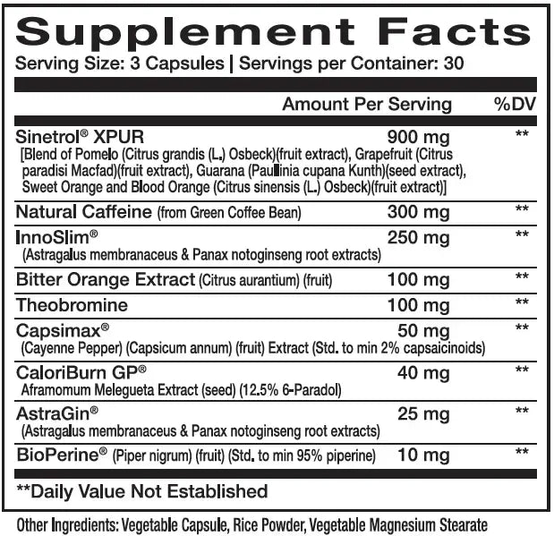 Supplement facts for Innovapharm Novaburn 2.0 showing ingredients and nutritional information.