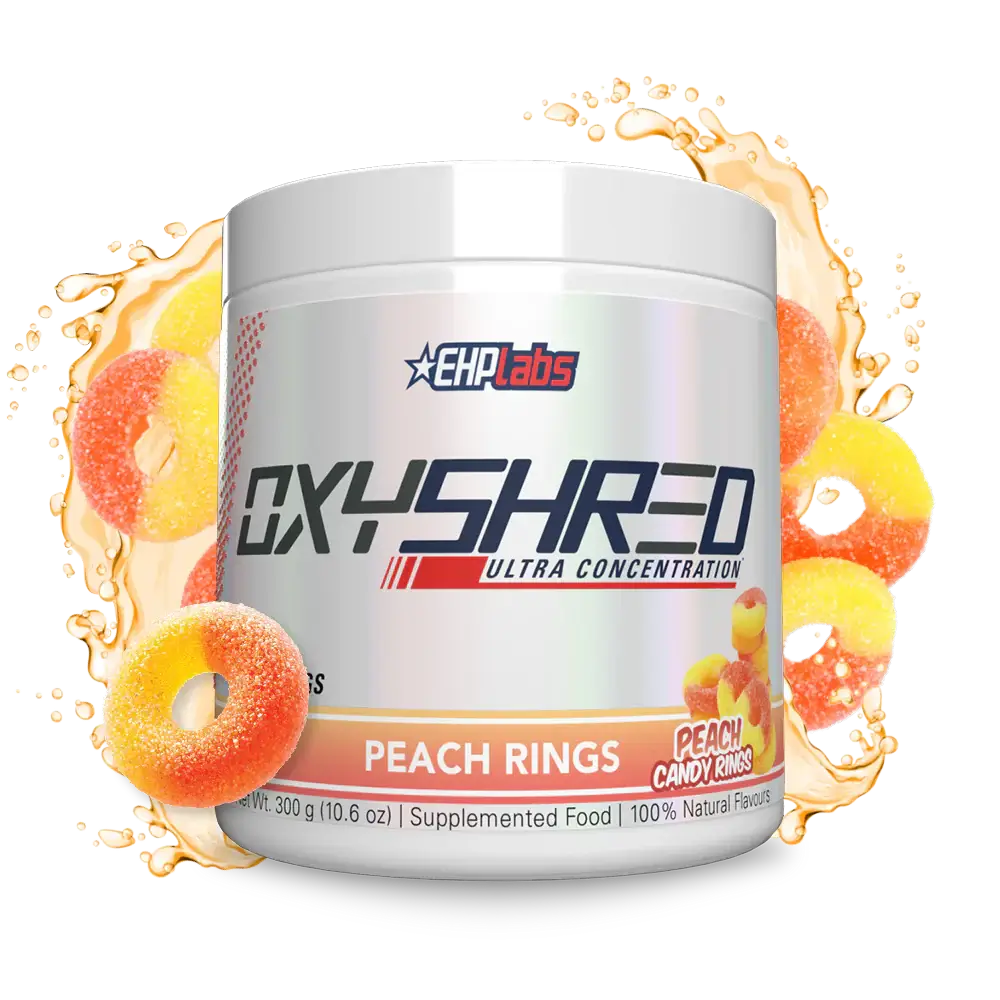 EHP Labs OxyShred Peach Rings supplement, thermogenic fat burner, boosts metabolism and curbs appetite.