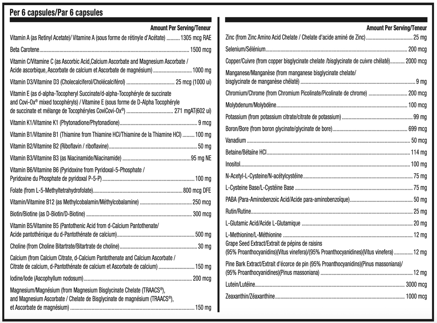 Nutritional information for ATP LAB Total Defense multivitamin, showing vitamins and minerals per serving.