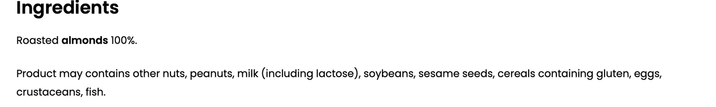 Ingredients list for OstroVit 100% Almond Butter, including roasted almonds and allergen warnings.