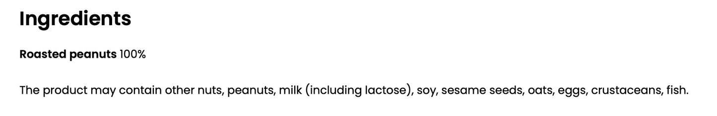 List of ingredients for OstroVit Peanut Butter: roasted peanuts, possible allergens including dairy and other nuts.