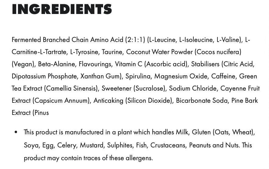 Ingredient details of PER4M AMINO BURN: BCAAs, L-Carnitine, Green Tea, and more herbal extracts.
