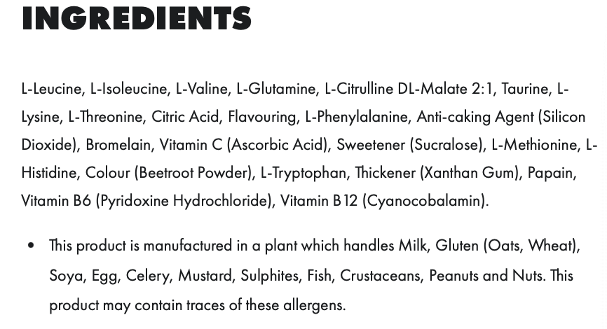 List of ingredients for PER4M EAA XTRA including essential amino acids and allergen information.