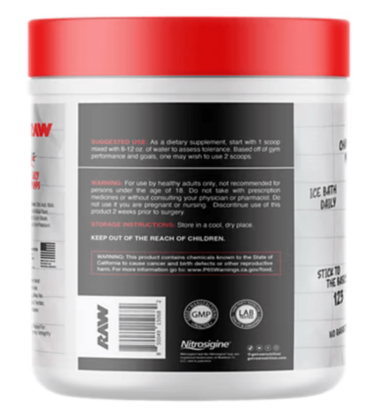 Raw Nutrition Christopher's Juicy Pumps container with usage and warning labels for dietary supplement.