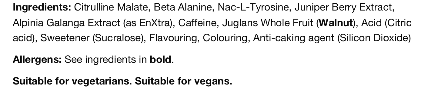 Ingredient list for STROM SPORTS STIMUMAX PRO, including Citrulline Malate, Caffeine, Juniper Berry Extract, and more.