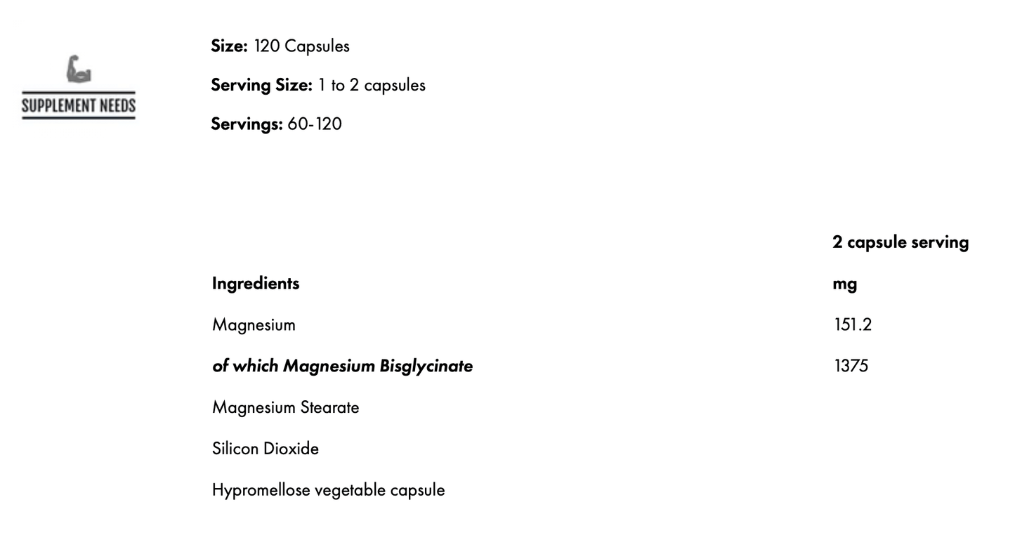 SUPPLEMENT NEEDS MAGNESIUM BISGLYCINATE - 120 CAPSULES