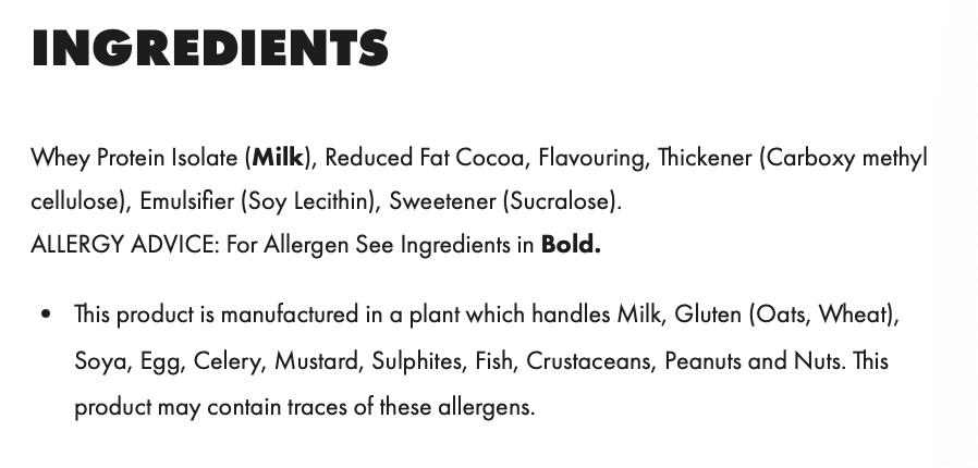 Ingredients list for PER4M ISOLATE ZERO featuring whey protein isolate and allergy advice.