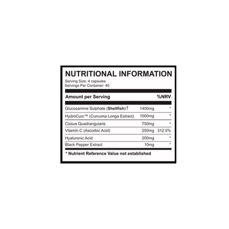 Nutritional information label for STROM SPORTS SupportMAX Joint capsules with details on ingredients and serving size.