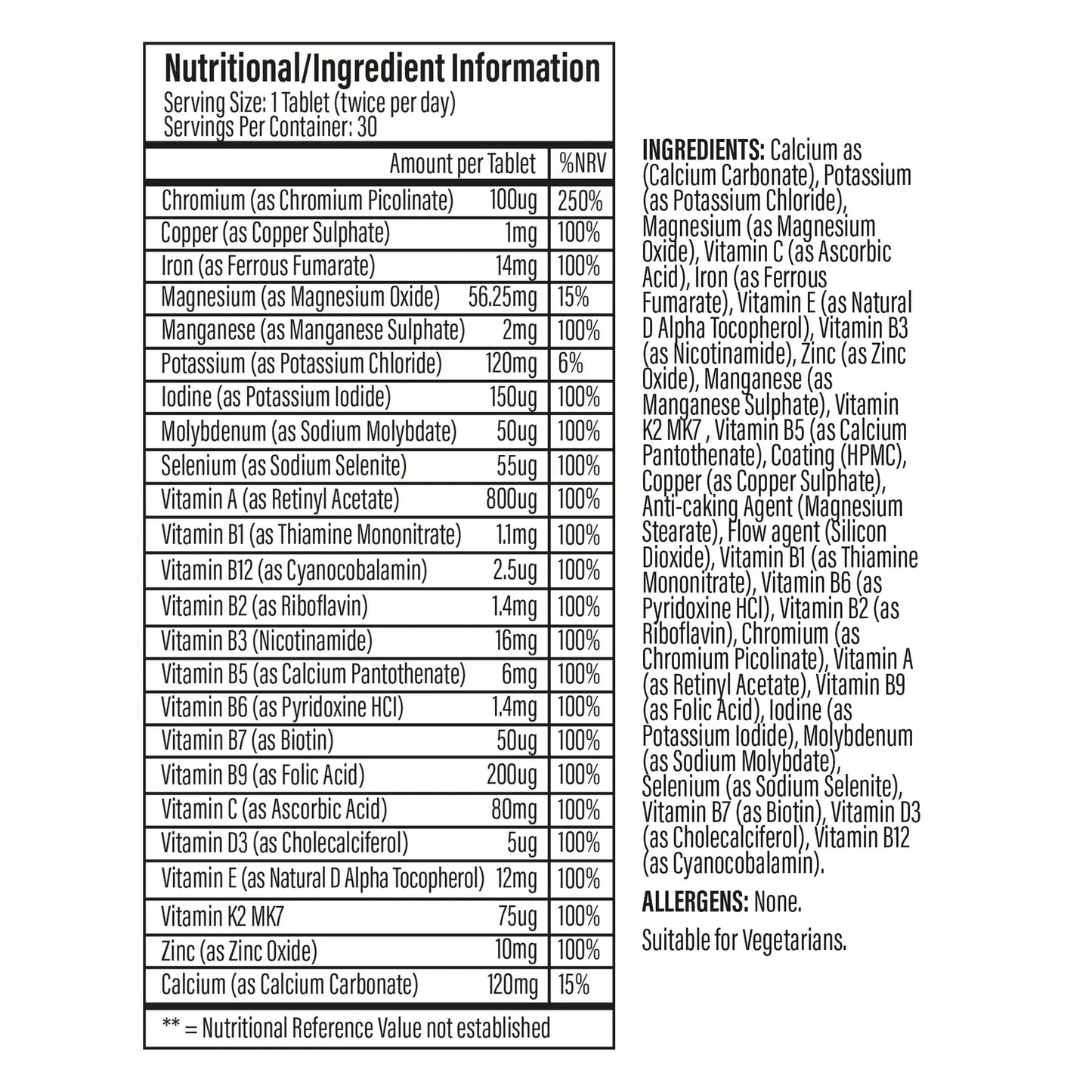 Nutritional information for Trained By JP The One Multivitamin, detailing ingredients and vitamins per tablet.
