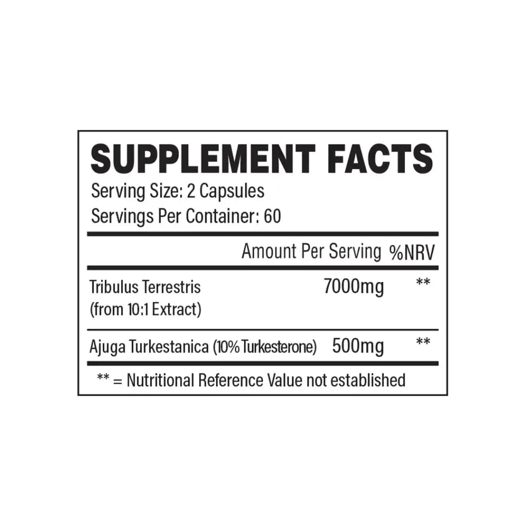 Supplement facts label for Turk&Trib, detailing Tribulus Terrestris and Ajuga Turkestanica content per serving.