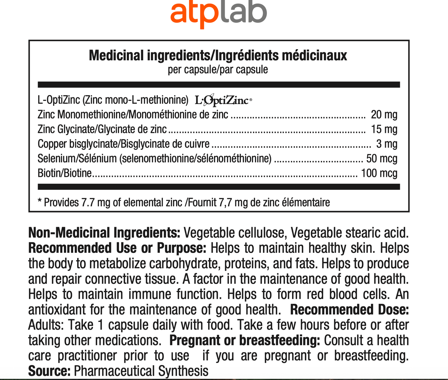 ATP Lab Synerzinc zinc capsules medicinal and non-medicinal ingredients label