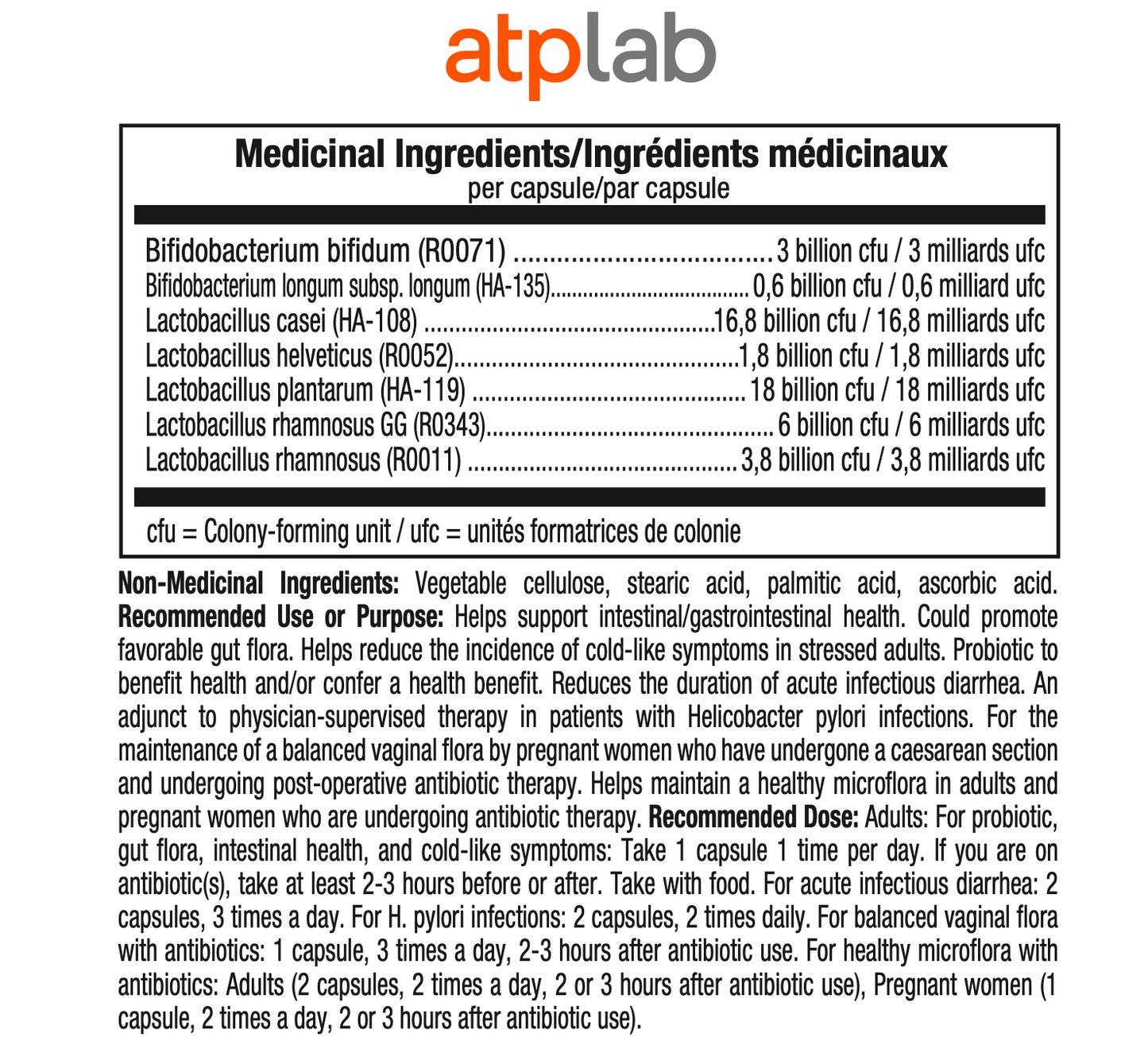 ATP Lab ProBio7 medicinal ingredients label showing probiotic strains and CFU per capsule
