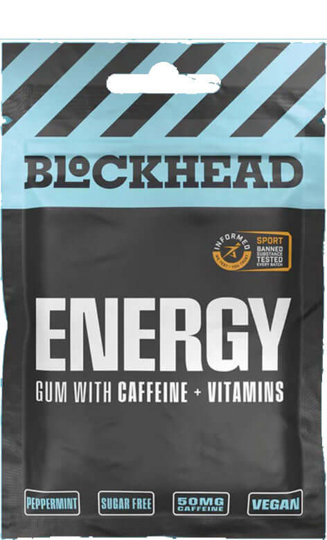 Blockhead Caffeine Gum packet with mint flavor, sugar free, vegan, containing 50mg caffeine per piece, approved by Informed Sports.