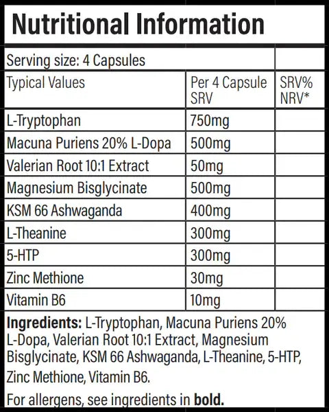 Nutritional information for Dream Sleep supplement including ingredients and their dosages per serving.