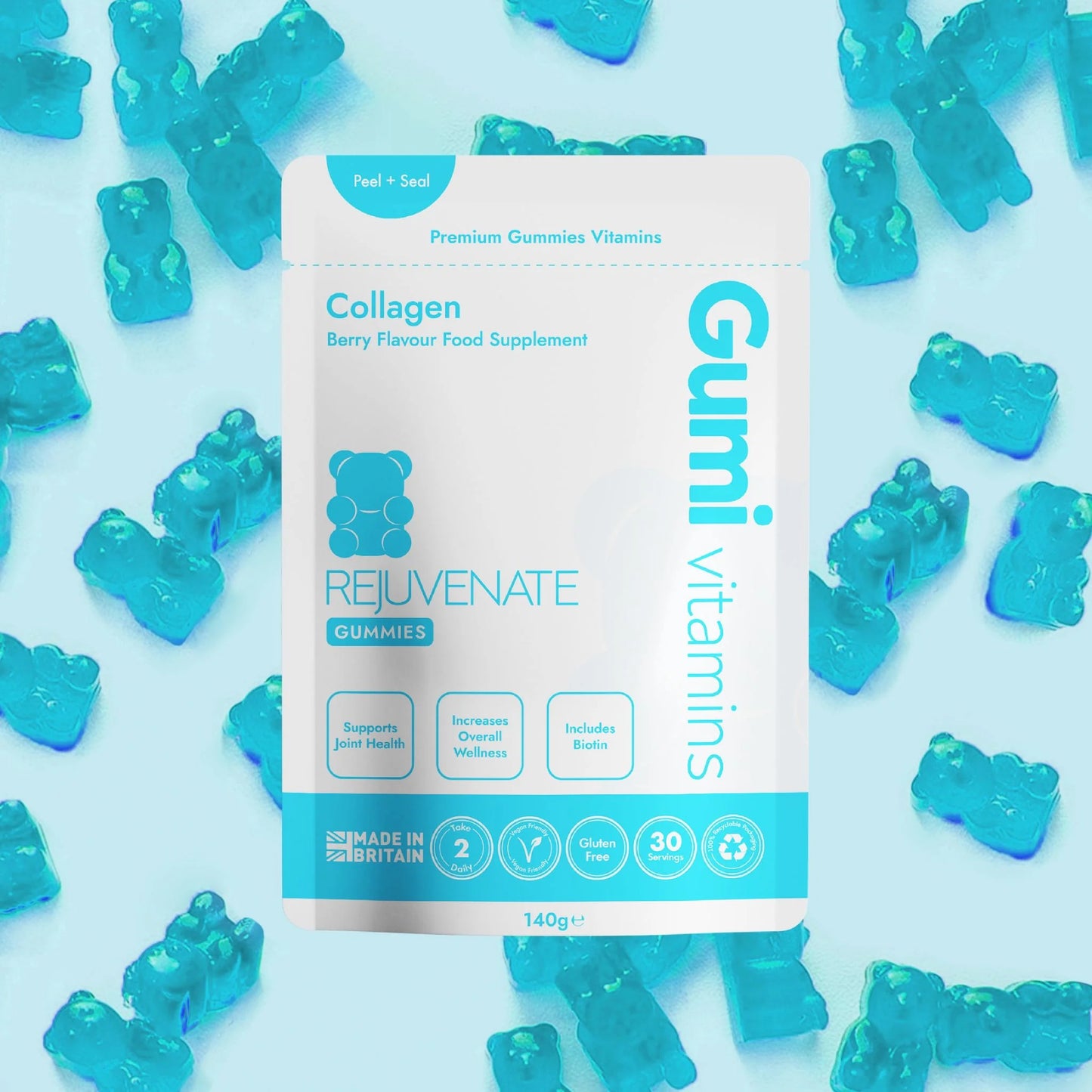 Gumi Vitamins collagen berry flavour Rejuvenate gummies packaging surrounded by blue gummy bears on a light background
