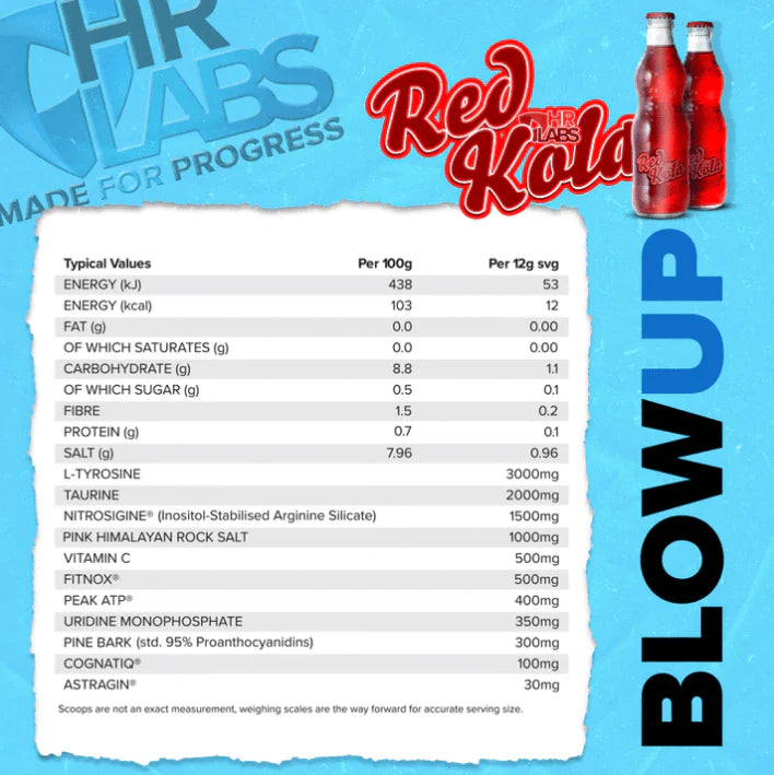 HR Labs Blow Up non-stimulant pump pre-workout Red Kola flavour nutrition and ingredient panel