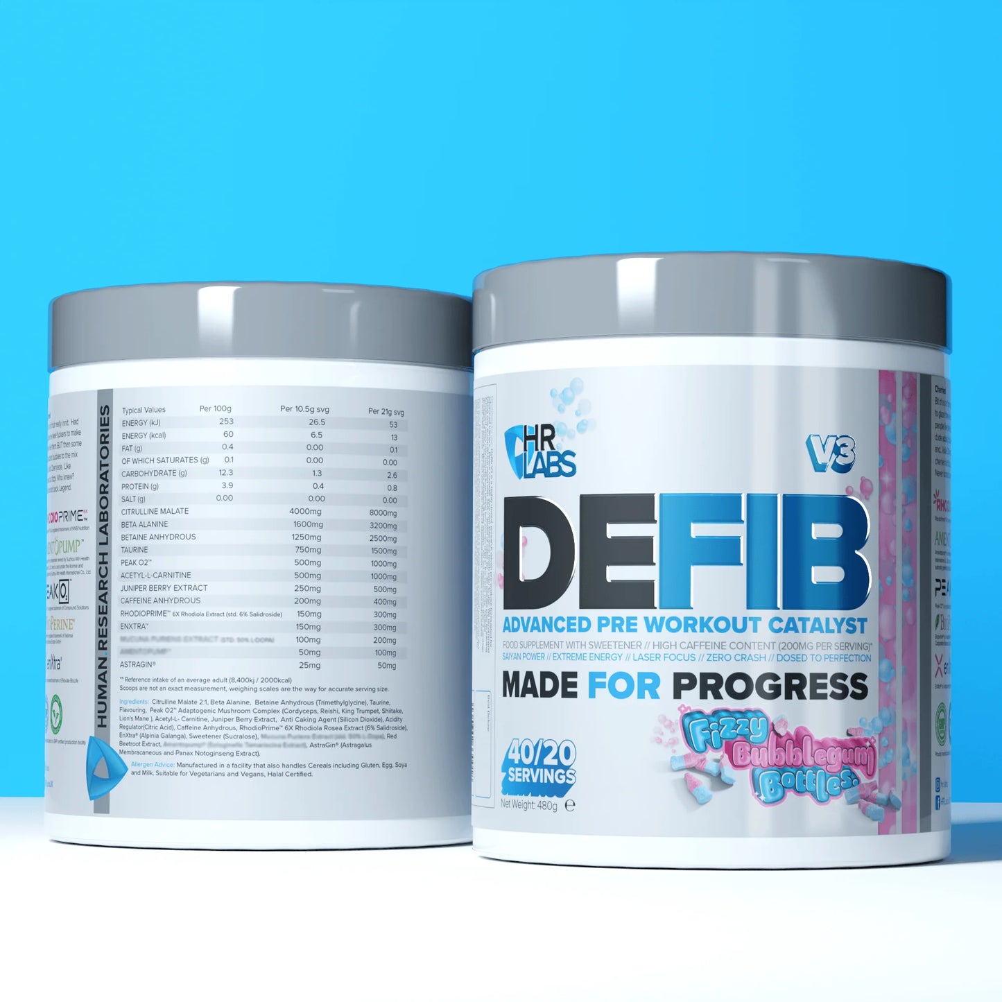 Front and back containers of HR Labs DEFIB V3 pre-workout Fizz Bubblegum flavour on a blue background