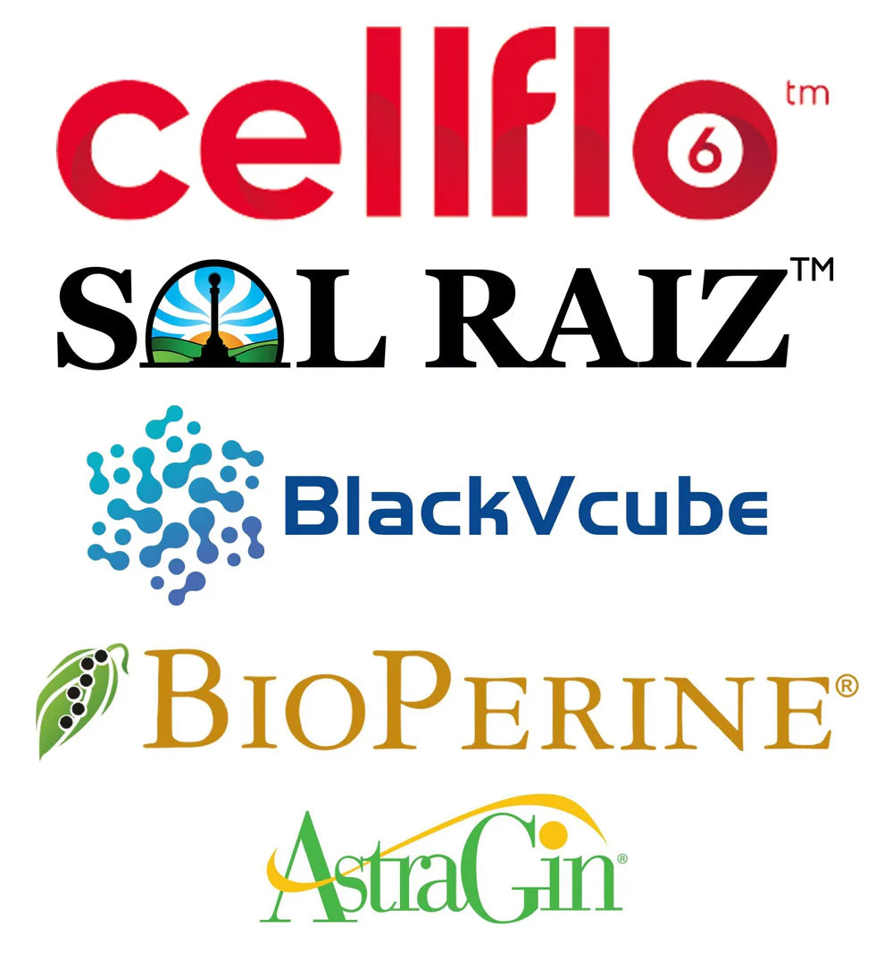 Key ingredient logos used in HR Labs Ride On supplement including CellFlo6, SolRaiz, BlackVcube, BioPerine and AstraGin