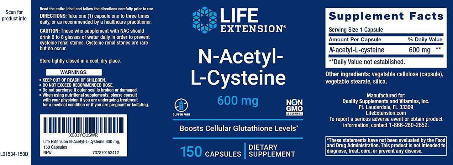 Supplement facts label for Life Extension N Acetyl L Cysteine 600 mg capsules