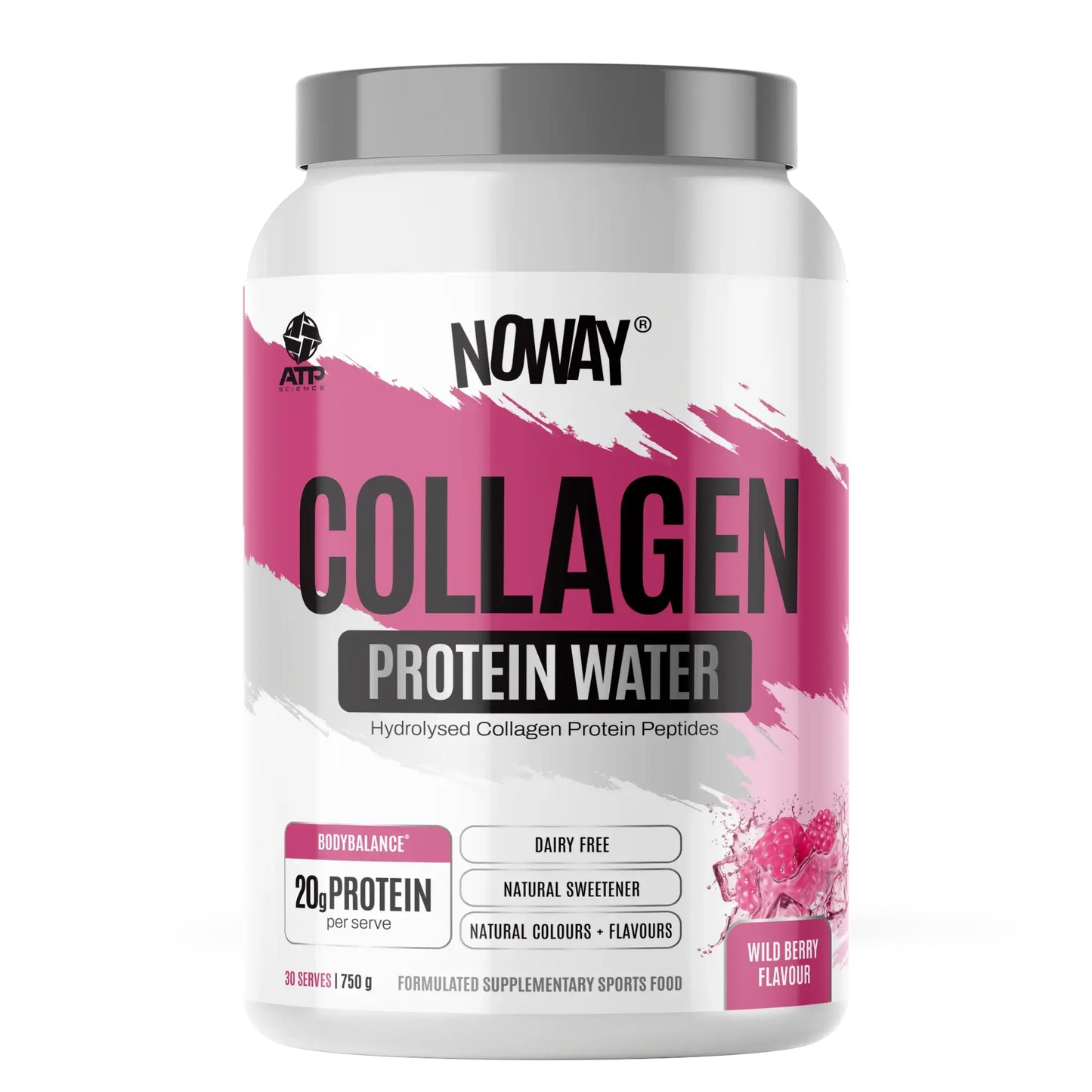 NOWAY Collagen Protein Water in wild berry flavor providing 20g collagen protein per serving, dairy-free formula.