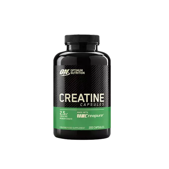 ON Creatine Capsules bottle with 200 capsules, each containing 2.5g of pure creatine monohydrate for performance support.