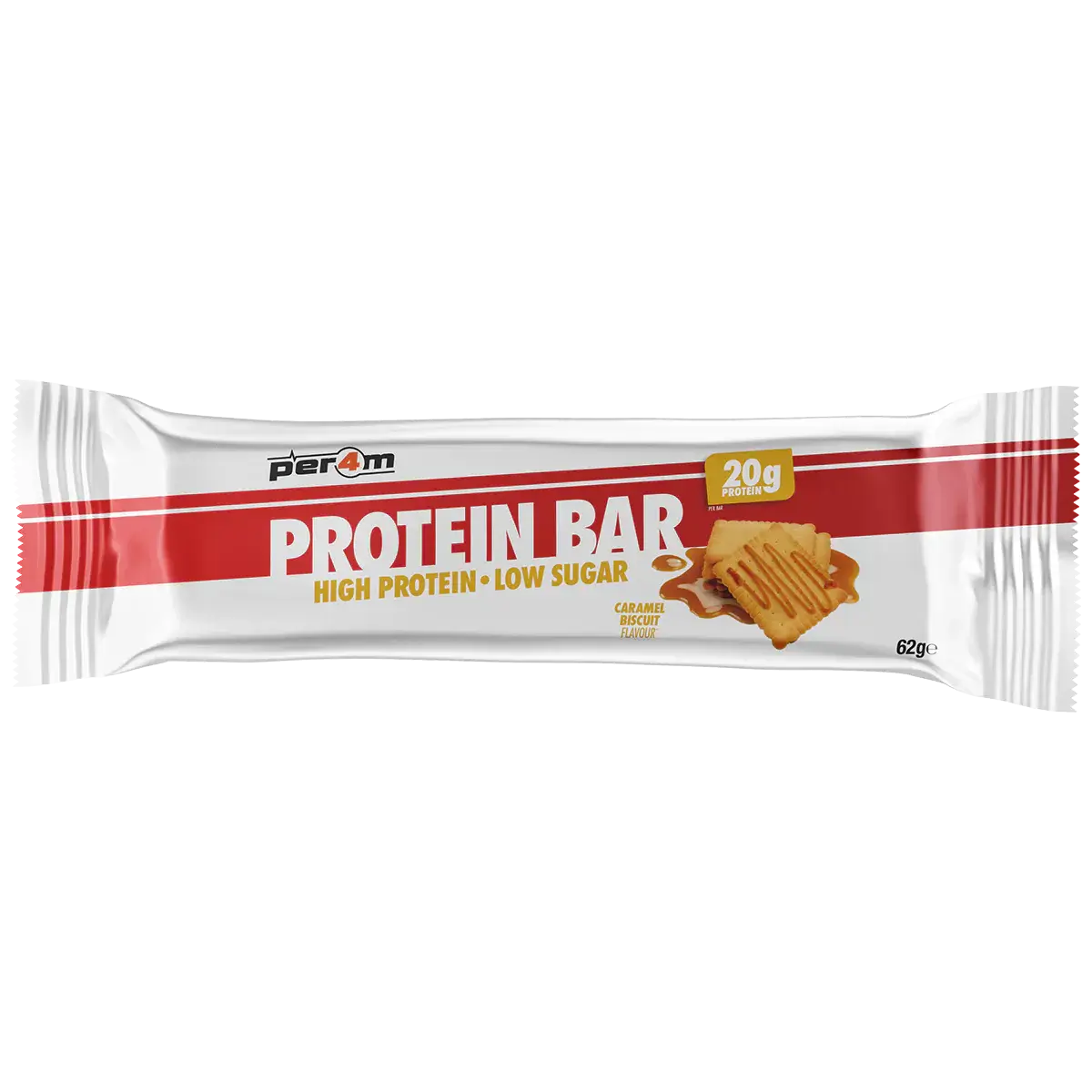 PER4M Protein Bar packaging featuring high protein, low sugar label with caramel cookie image.