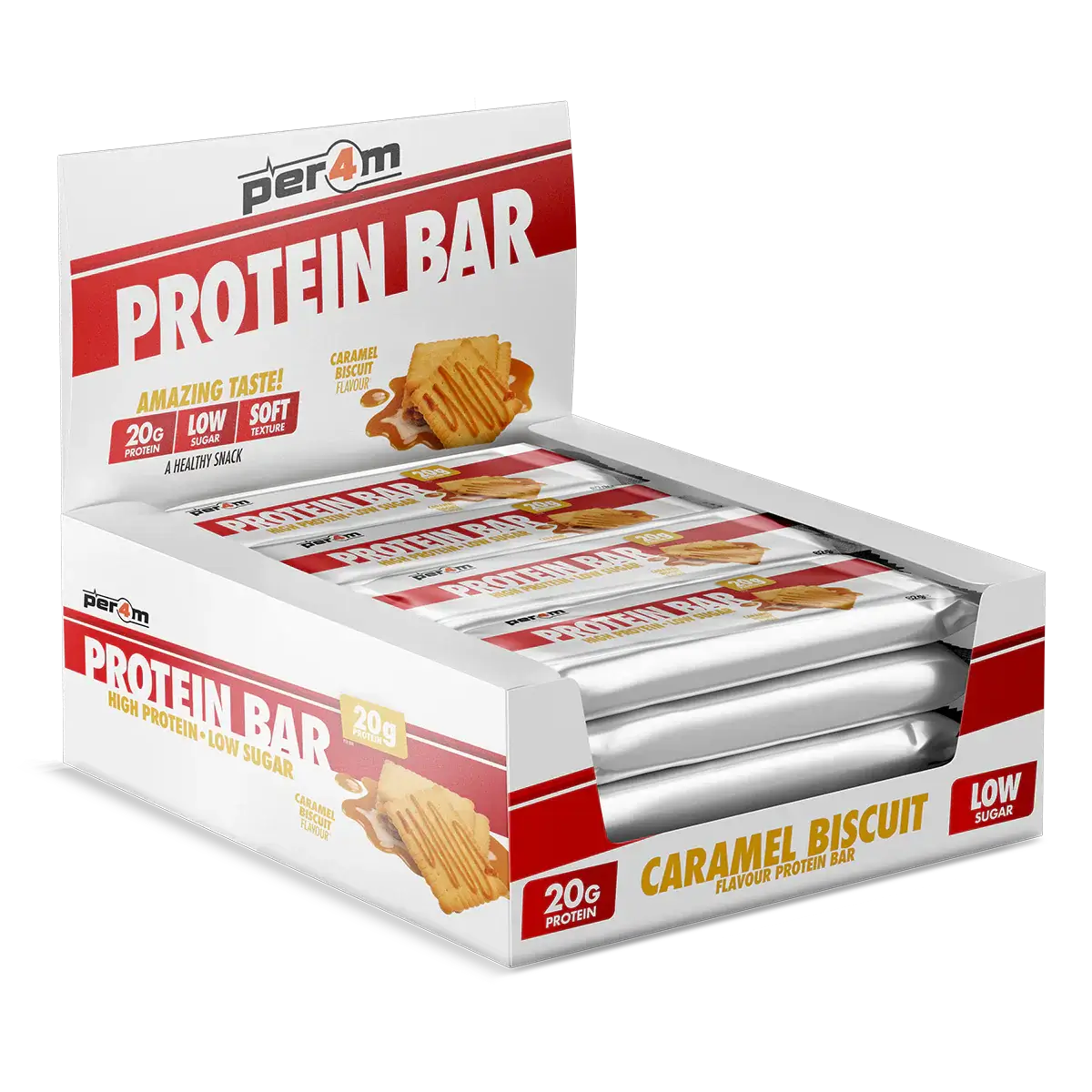 PER4M Caramel Biscuit Protein Bars with 20g protein, low sugar, and amazing taste for a healthy snack.