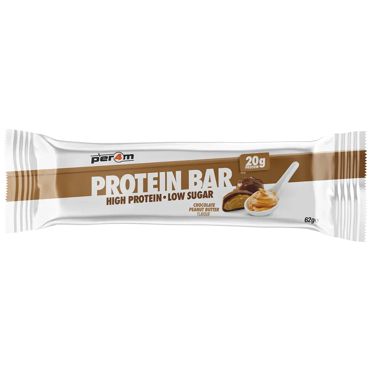 PER4M Protein Bar with 20g high protein, low sugar, chocolate peanut butter flavor for nutritious snacking.