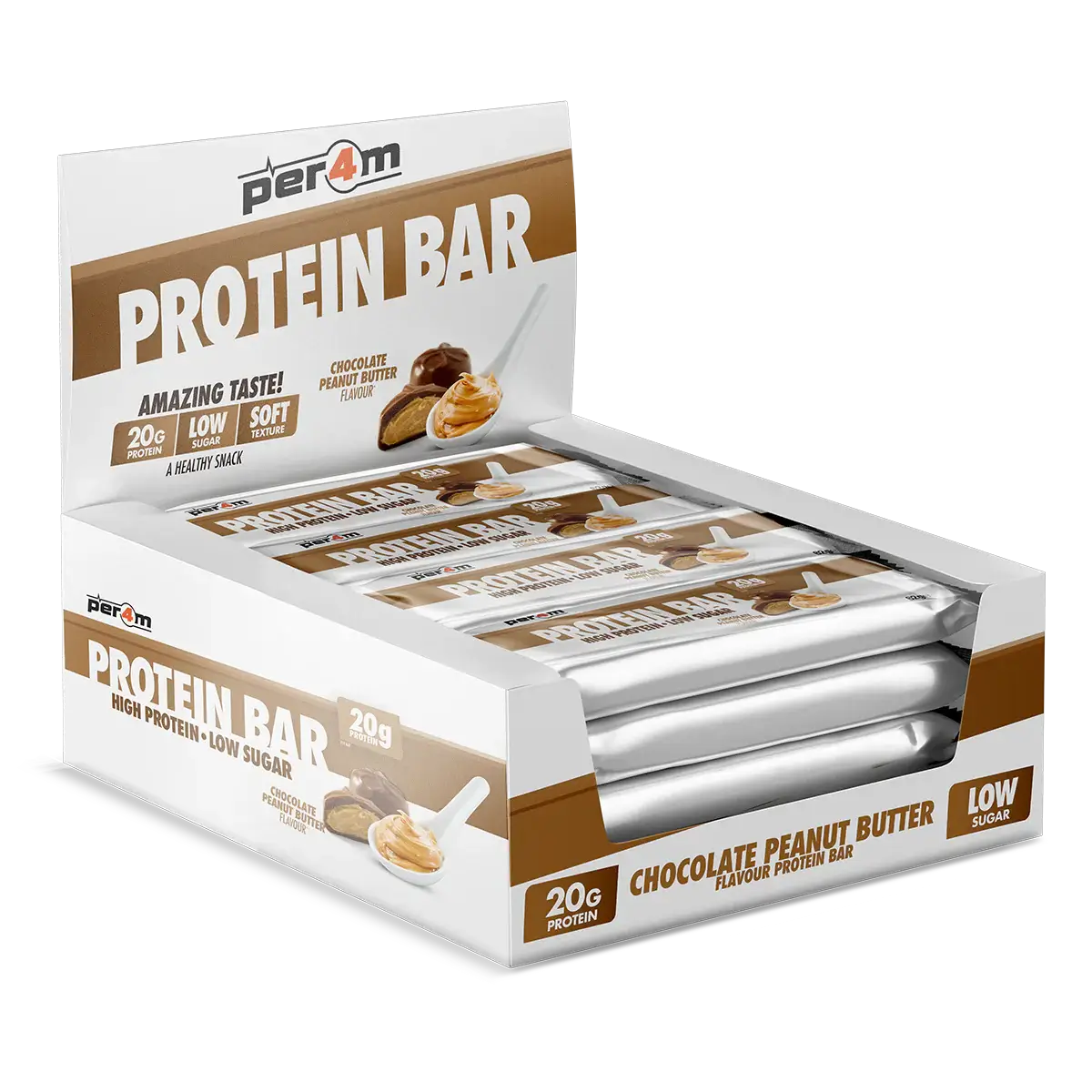 PER4M Protein Bars display featuring Chocolate Peanut Butter flavor with 20g protein and low sugar, perfect for a nutritious snack.