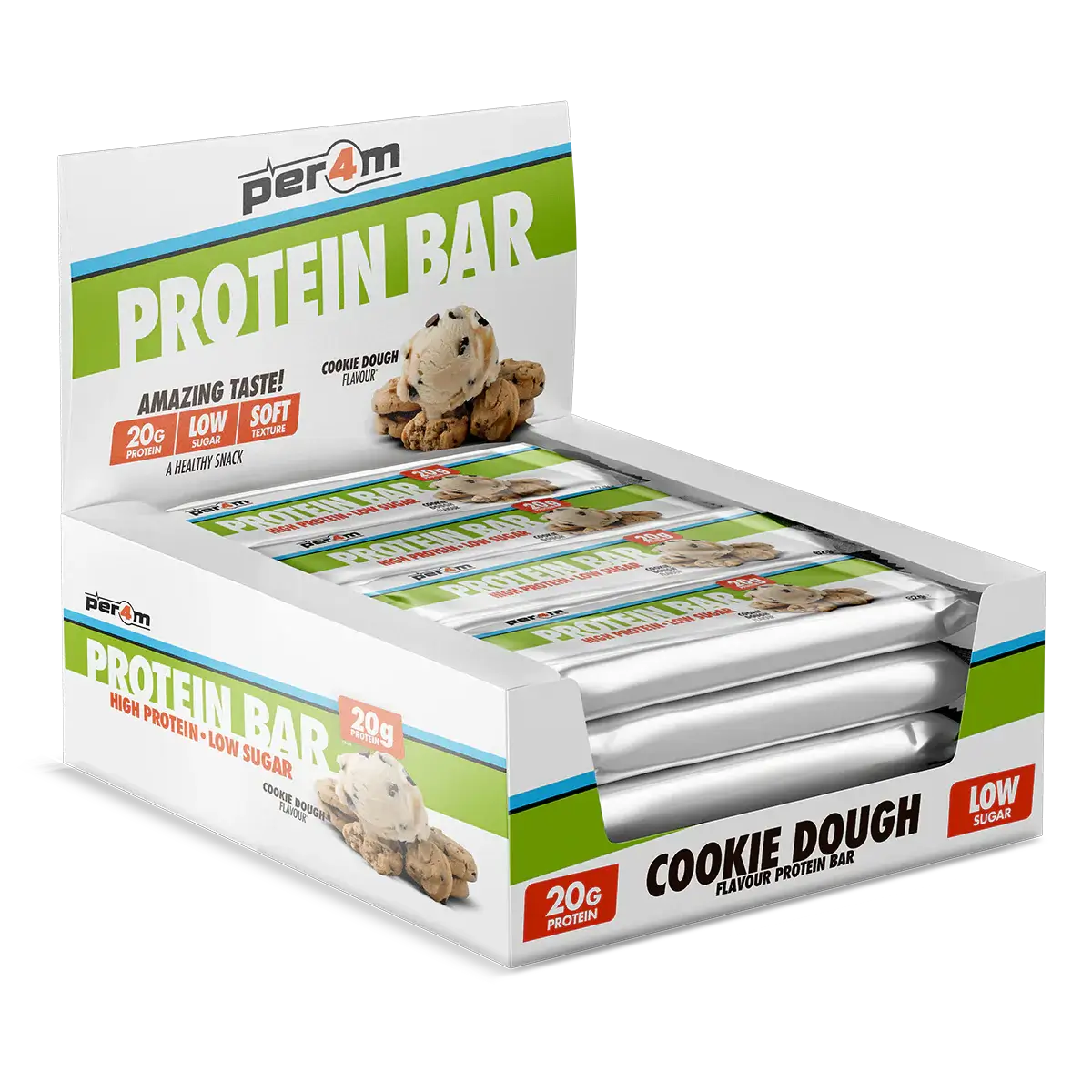 PER4M Protein Bars box, featuring Cookie Dough flavor, 20g protein, low sugar, perfect for healthy snacking.