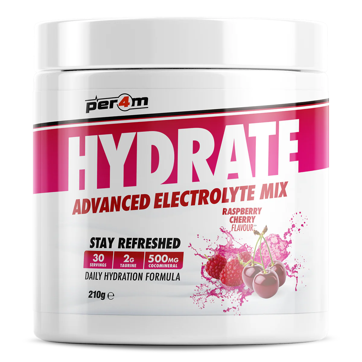 Per4m Hydrate advanced electrolyte mix in raspberry cherry flavor, supporting daily hydration and electrolyte balance.