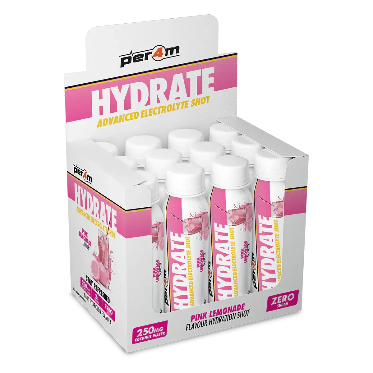 PER4M Hydrate Advanced Electrolyte Shots in a display box, featuring Pink Lemonade flavor for hydration.