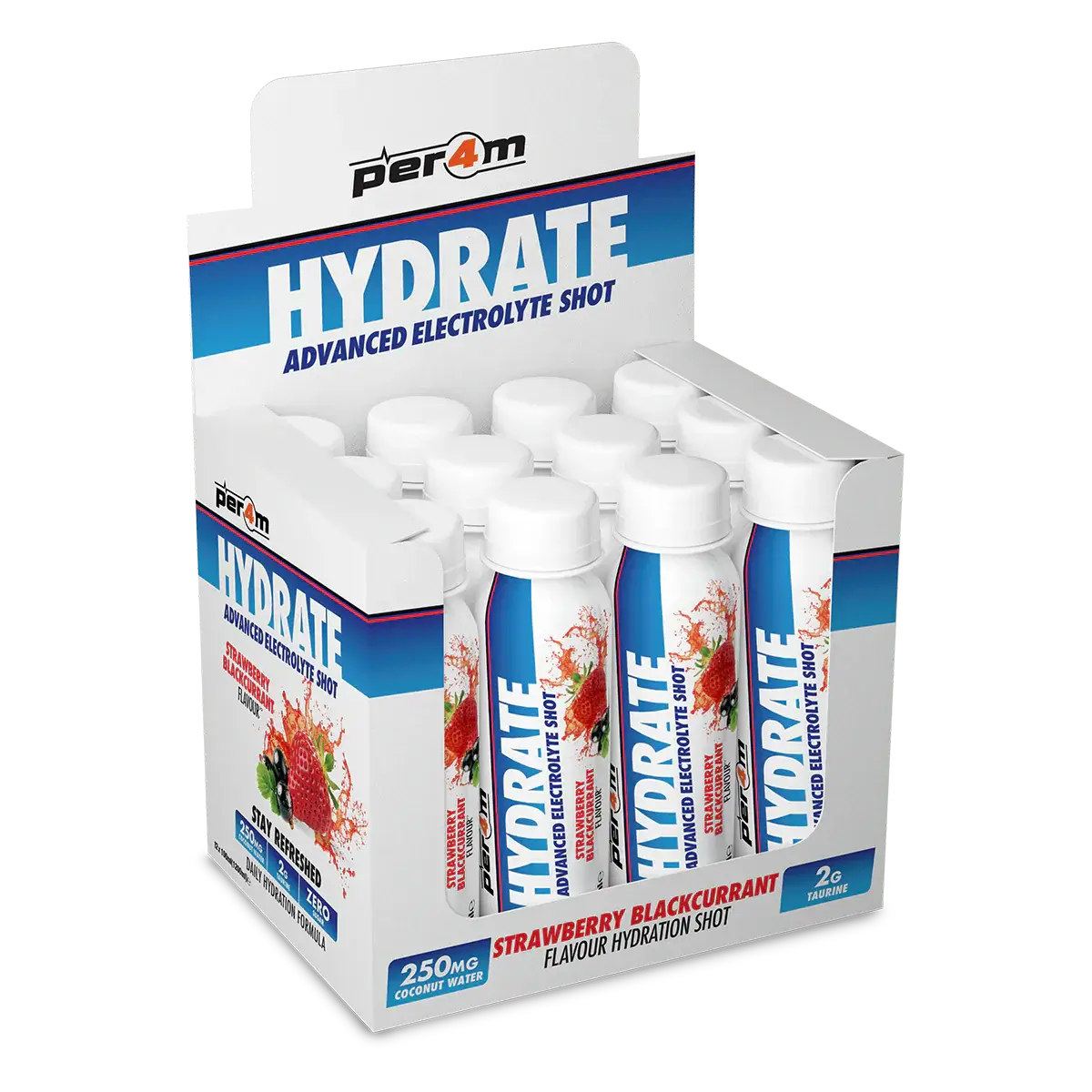 PER4M Hydrate Advanced Electrolyte Shots in a display box, strawberry blackcurrant flavor, for hydration and recovery.
