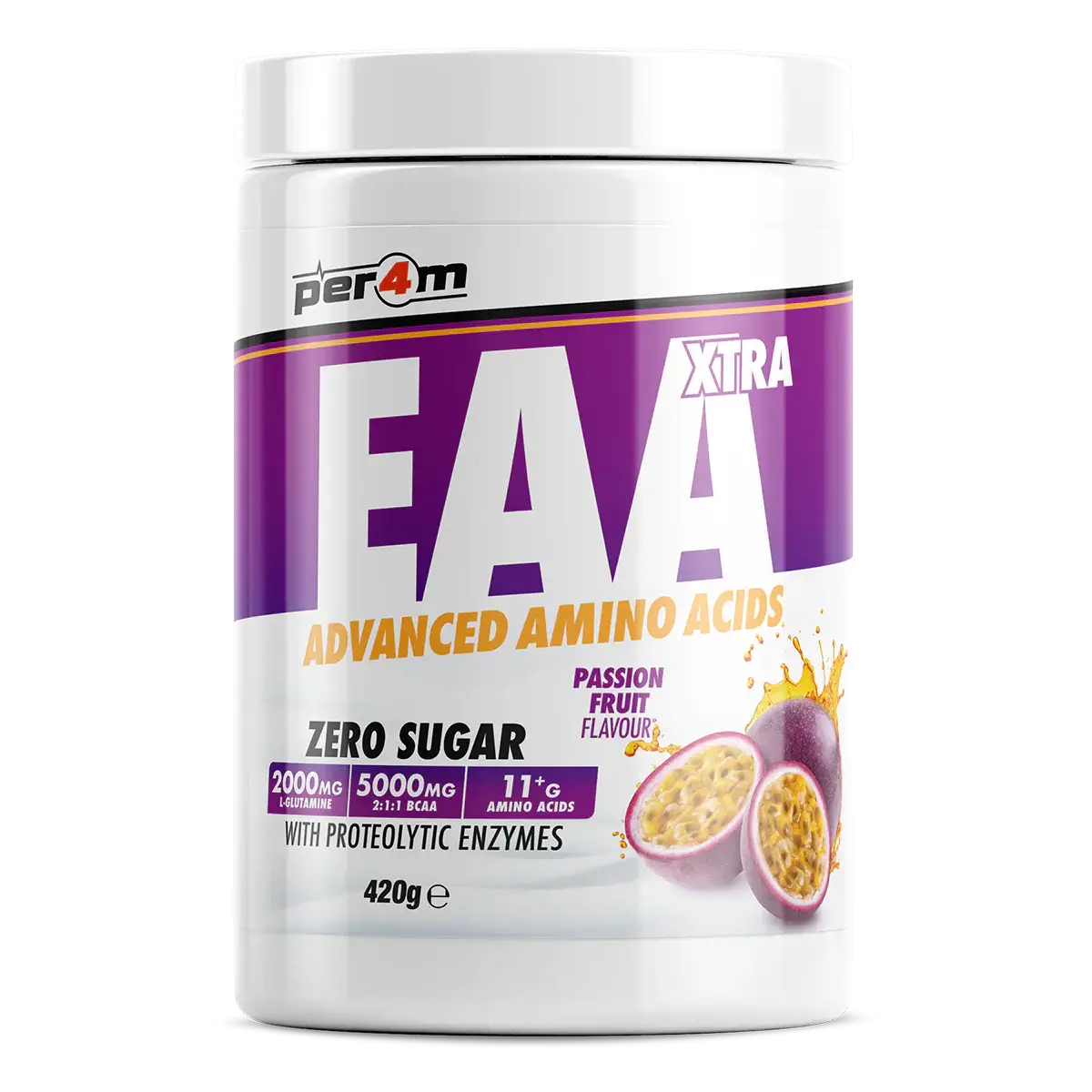 PER4M EAA XTRA Advanced Amino Acids powder in Passion Fruit flavor, 420g container, zero sugar, with proteolytic enzymes.