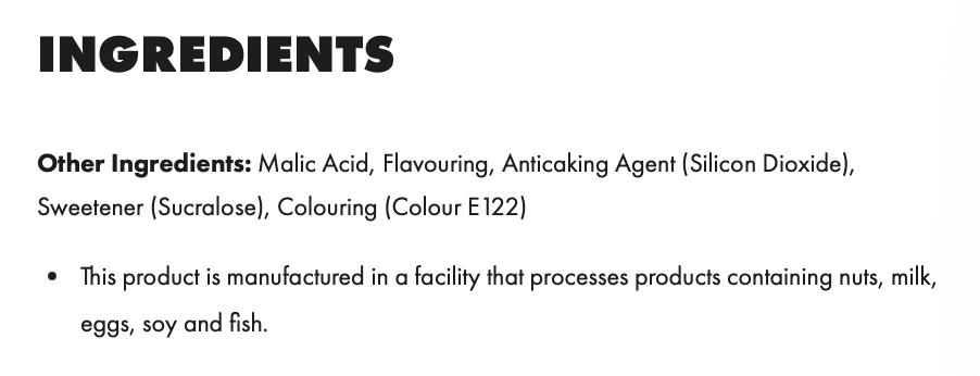 Ingredients panel for Per4m PRE pre workout showing other ingredients and allergen information.