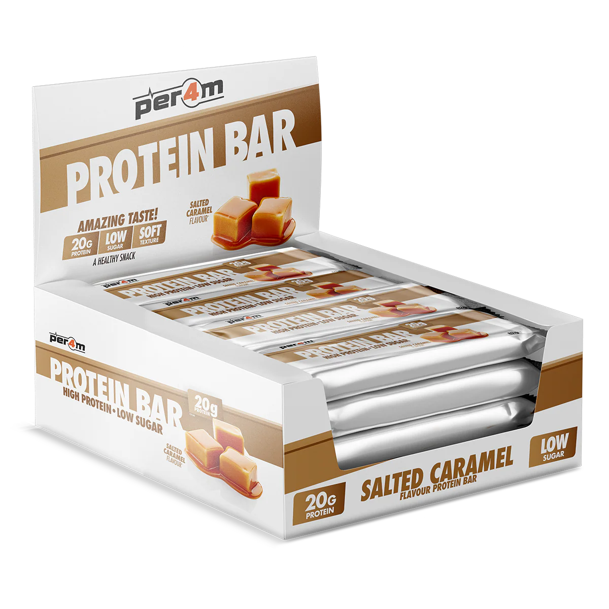 Box of PER4M Salted Caramel protein bars displayed in retail packaging