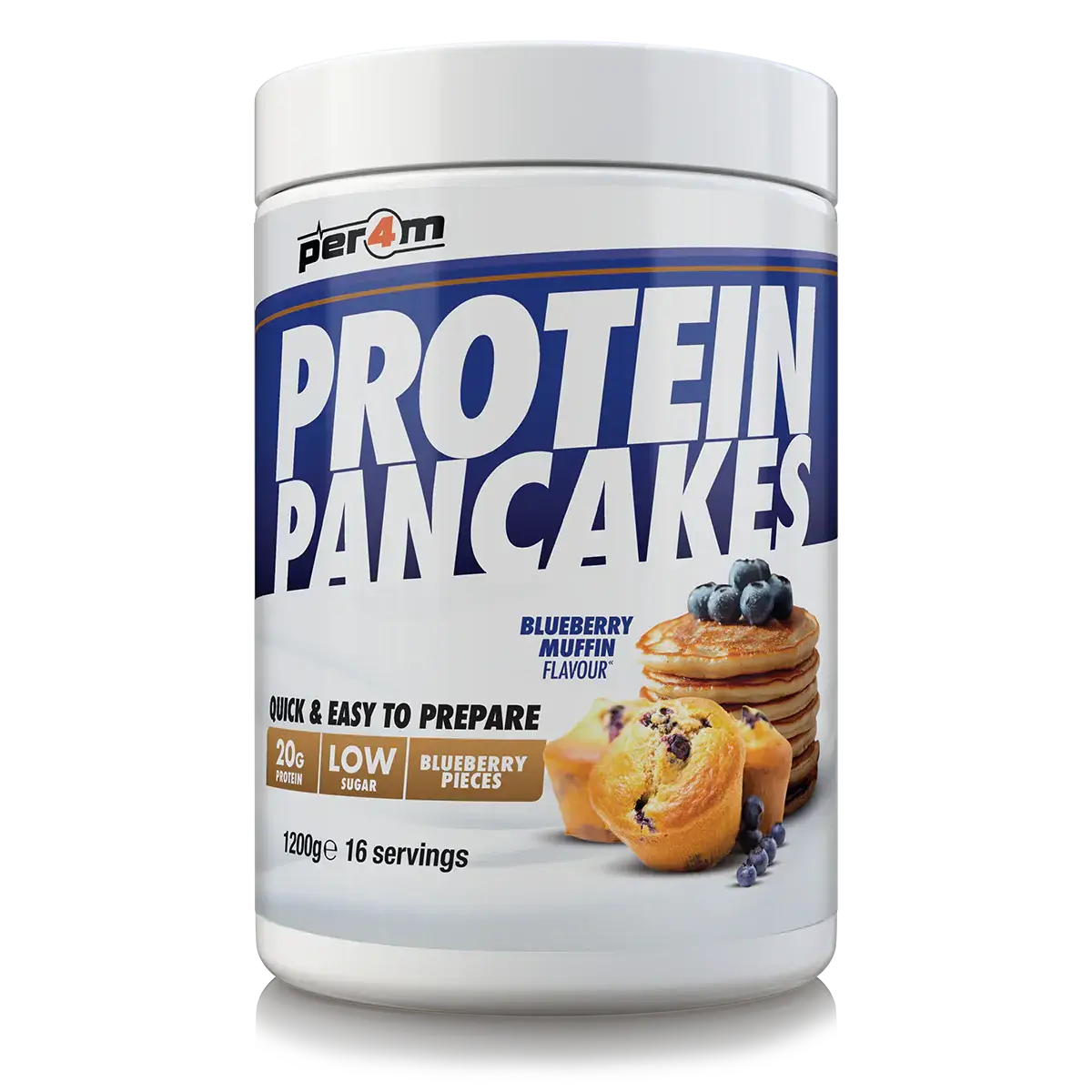 Per4m Protein Pancakes in Blueberry Muffin flavor, featuring 20g protein and low sugar, quick and easy to prepare.