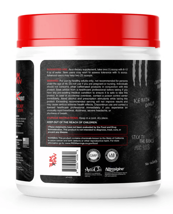 Back view of Raw Nutrition Christopher’s Secret Stuff pre workout container showing usage instructions, warnings, and product information.