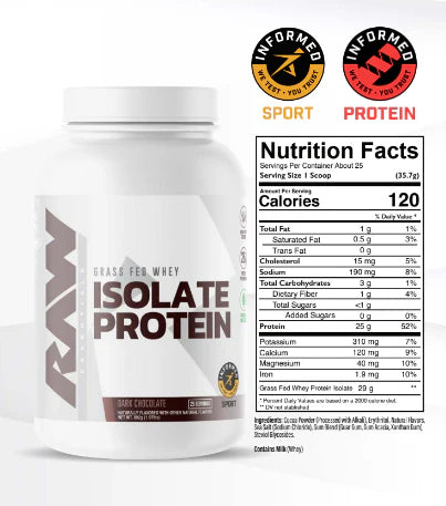 RAW Nutrition grass fed whey isolate protein container shown with nutrition facts label on a white background.