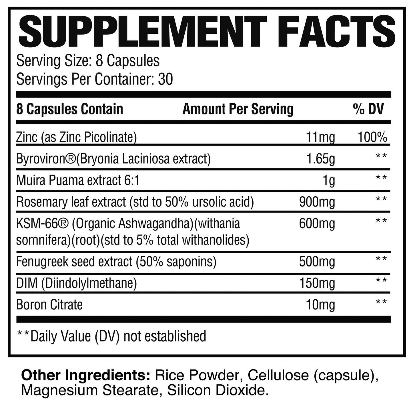 Supplement facts label for Raw Nutrition Test dietary supplement, showing ingredients and nutritional values per serving.