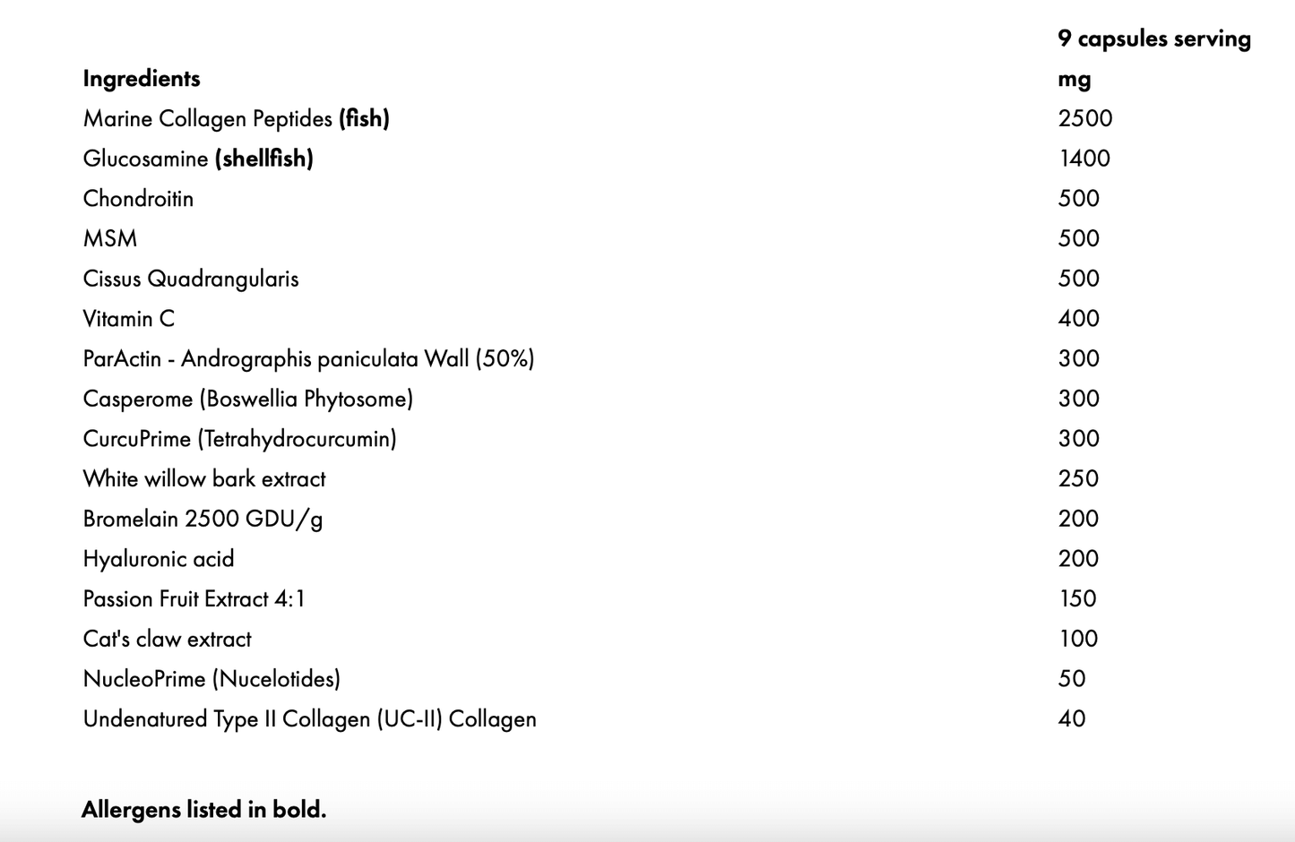 Supplement Needs Joint Stack ingredients label showing collagen, glucosamine, chondroitin, MSM, vitamin C, hyaluronic acid, and botanical extracts per 9 capsule serving.