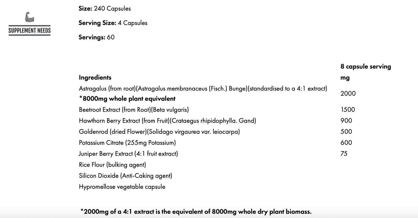 Ingredients and supplement facts panel for Supplement Needs Kidney and Blood Pressure Stack, 240 capsules
