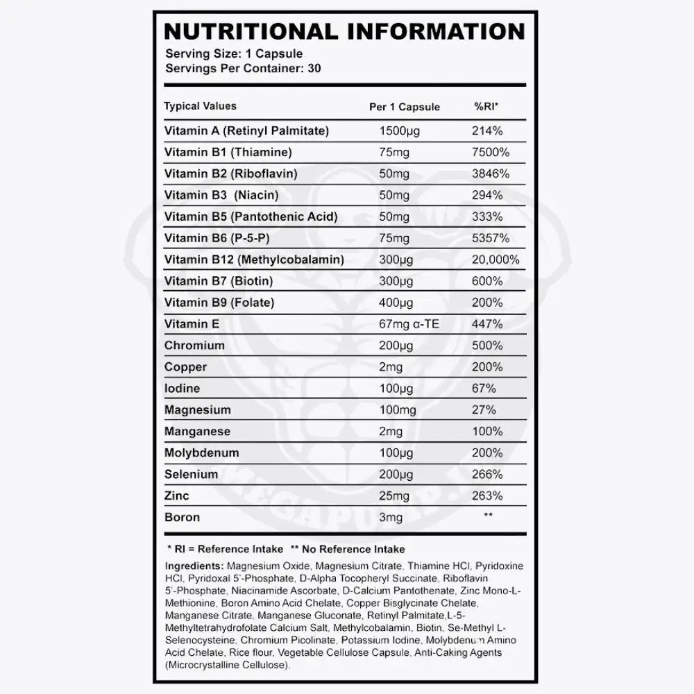 Nutritional information for Supplement Needs Multi Vitamin and Mineral Pro, detailing vitamins and minerals per capsule.
